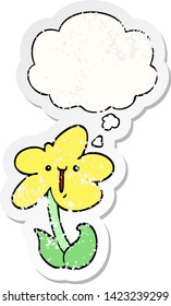cartoon flower with thought bubble as a distressed worn sticker
