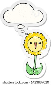 cartoon flower with thought bubble as a distressed worn sticker