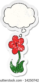 flor de dibujos animados con burbuja de pensamiento como pegatina gastada angustiada