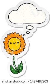 flor de dibujos animados con burbuja de pensamiento como pegatina gastada angustiada