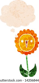 cartoon flower with thought bubble in grunge distressed retro textured style