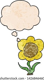 cartoon flower with thought bubble in grunge texture style