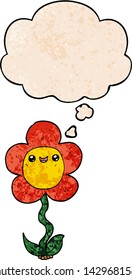 cartoon flower with thought bubble in grunge texture style