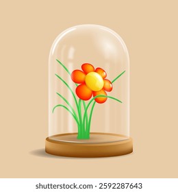Cartoon flower in transparent glass dome. Vector objects