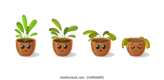 Cartoon flower, wither plant in pot, green leaf wilting and faded, vector sick dry sad sprout. Funny flower plant in flowerpot happy growing and withered or wilted, sad emoji emoticon with smile