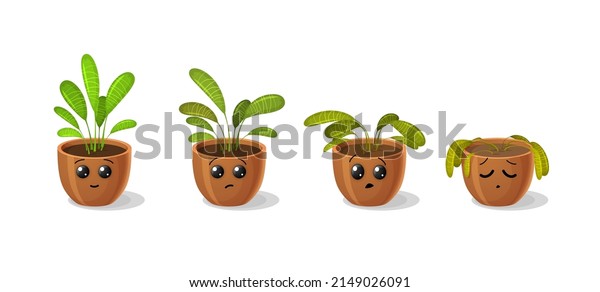 Cartoon flower, wither plant in pot, green leaf\
wilting and faded, vector sick dry sad sprout. Funny flower plant\
in flowerpot happy growing and withered or wilted, sad emoji\
emoticon with smile