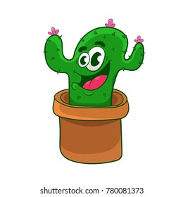 cartoon flowering cactus in a clay pot, vector illustration