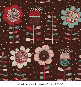 Cartoon flowers background in dark colors. Cute seamless pattern with flowers in vector.