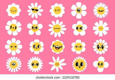 Flores de dibujos animados rostros. Carácter sonriente con pétalos, cara de mascota primaveral con ojos y sonrisa. Conjunto de vectores de expresiones faciales retro groovy. Elementos florales, plantas felices de diferente forma