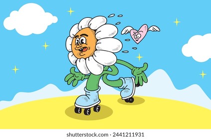 cartoon flowers playing roller skating happily

