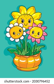 Cartoon flowers in a pot. Black outline isolated image.