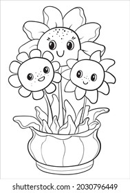 Flores de dibujos animados en una olla. Libro de Colores para niños. Imagen aislada del contorno negro.