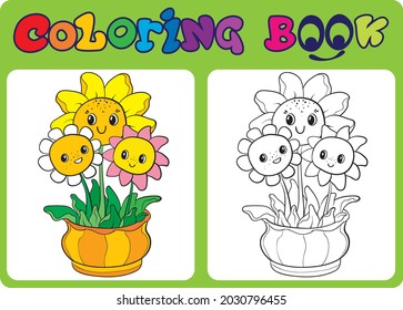 Cartoon flowers in a pot. Coloring book for children. Black outline isolated image.