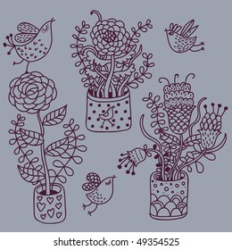 Cartoon flowers in pots with cute birds