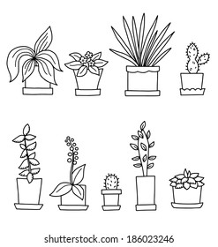 Cartoon flowers in pots. Vector illustration.