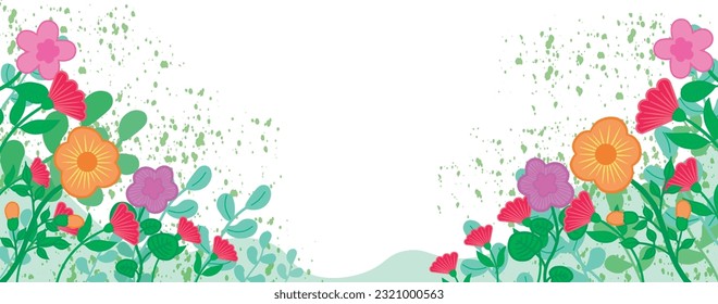 Cartoon flowers in purple, red, orange and pink. Details with splashes of green drops. Flowery landscape isolated on white background.