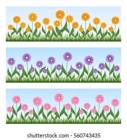 Cartoon flowers. Set of borders.