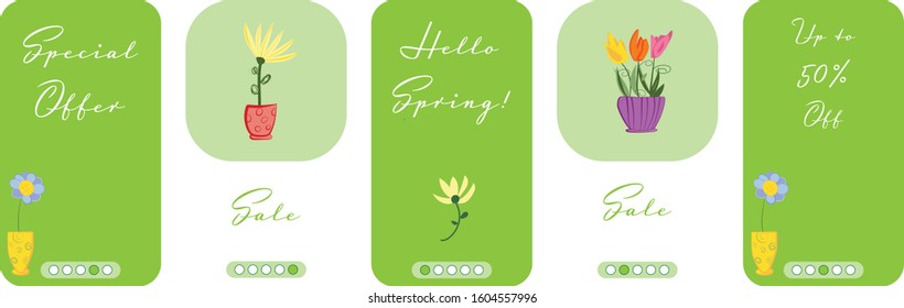 Cartoon flowers set. Vector set of five funny mobile sites. Mock up for package design. Social media abstract backgrounds pack. Mobile phone pattern. illustration for shops action.