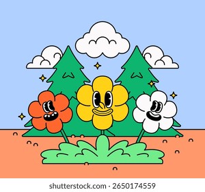 Cartoon flowers with smiling faces bloom in front of pine trees and clouds. This cheerful vector artwork is perfect for spring, nature, kids’ content, or whimsical floral
