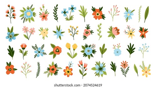 Flores de dibujos animados. Plantas florecientes de primavera, adorables elementos florales, diferentes tipos de inflorescencias con hojas, bonitos ramos decorativos, composiciones botánicas para conjunto de vectores de decoración