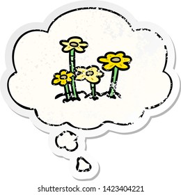 Cartoon-Blumen mit Denkblase als bedrückter abgenutzter Aufkleber