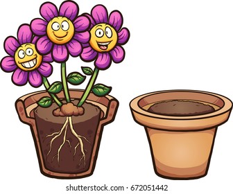 Cartoon flowers with visible roots and flower pot. Vector clip art illustration with simple gradients. Some elements on separate layers