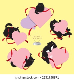 Cartoon fluffy black cat with hearts and ribbons. Cat above illustration for banner or logo. Great for gift cards and memos, or for Valentine's Day, Christmas, to show love or friendship.