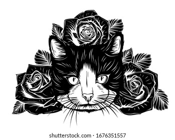 cartoon fluffy cat with roses. Siamese cat with open eyes and flowers.