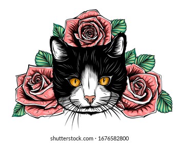 cartoon fluffy cat with roses. Siamese cat with open eyes and flowers.