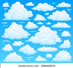 Cartoon fluffy cloud at azure skyscape. Heavenly clouds on blue sky, atmospheric cloudscape vintage 2d vector illustration
