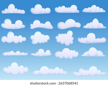 Cartoon fluffy cloud set. White clouds in a blue sky collection. 