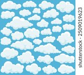 Cartoon fluffy clouds set in cartoon style on blue sky background, cloud shape perfect for children designs, nursery decorations, and playful branding projects. Vector illustration