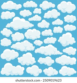 Cartoon fluffy clouds set in cartoon style on blue sky background, cloud shape perfect for children designs, nursery decorations, and playful branding projects. Vector illustration