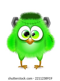 Cartoon fluffy funny little Chick in green Halloween costume of Frankenstein