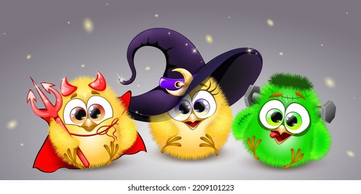 Cartoon fluffy funny little Chicks trio sitting together in Halloween costumes: Devil, Witch and Frankenstein