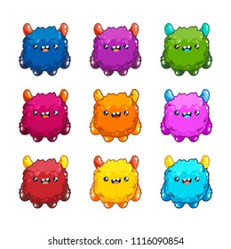Cartoon fluffy monster in different colors for game design.