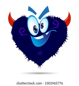 Cartoon fluffy monster with red devil horns. Crazy blue heart shaped character with big eyes. Halloween concept. Vector 