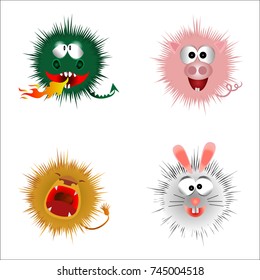 Cartoon fluffy monsters on a white background. Vector illustration.