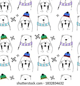 Cartoon fluffy polar bear and a cute walrus winter seamless pattern. Good for textile, wrapping, wallpapers, etc. Bear isolated on background. Vector illustration.