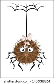 cartoon fluffy smiling spider girl and bow  hangs thread  The picture in hand drawing style  can be used  for t  shirt print  wear fashion design  greeting card  baby shower 