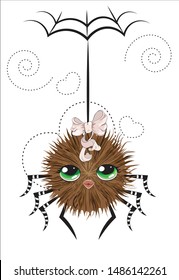 cartoon fluffy smiling spider girl with bow, hangs on a thread. The picture in hand drawing style, can be used  for t-shirt print, wear fashion design, greeting card, baby shower.