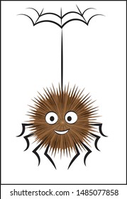 cartoon fluffy smiling spider, hangs on a thread. The picture in hand drawing style, can be used  for t-shirt print, wear fashion design, greeting card, baby shower.