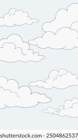 A cartoon of fluffy white clouds in a bright blue sky