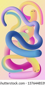 Cartoon fluid beautiful bright snakes for fabric design. Digital gradient. Colorful bright. Transparent background. 3d abstract colorful fluid design. Abstract pattern. flow design.