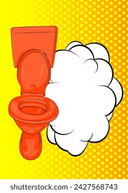 Cartoon Flush Toilet with blank speech bubble, comic book Bathroom background. Retro vector comics pop art design.