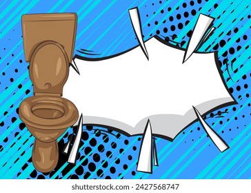 Cartoon Flush Toilet with blank speech bubble, comic book Bathroom background. Retro vector comics pop art design.