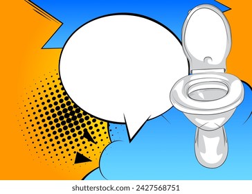 Cartoon Flush Toilet with blank speech bubble, comic book Bathroom background. Retro vector comics pop art design.