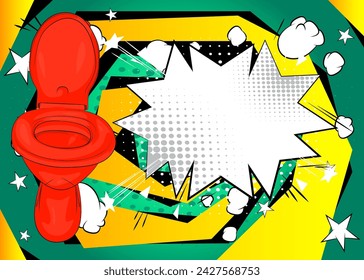 Cartoon Flush Toilet with blank speech bubble, comic book Bathroom background. Retro vector comics pop art design.