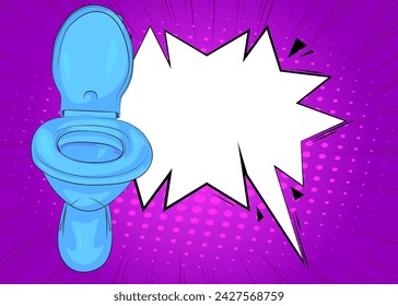 Cartoon Flush Toilet with blank speech bubble, comic book Bathroom background. Retro vector comics pop art design.