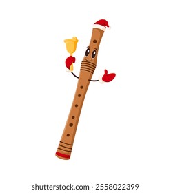 Cartoon flute character wearing a Santa hat and gloves holding a bell spreading festive Christmas cheer. Isolated vector cheerful woodwind musical instrument personage enjoying winter holiday fun